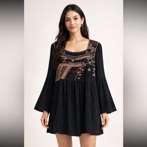 Savanna Jane Womens Black Floral Embroidered Smocked Gauze Dress Bohemian 1X